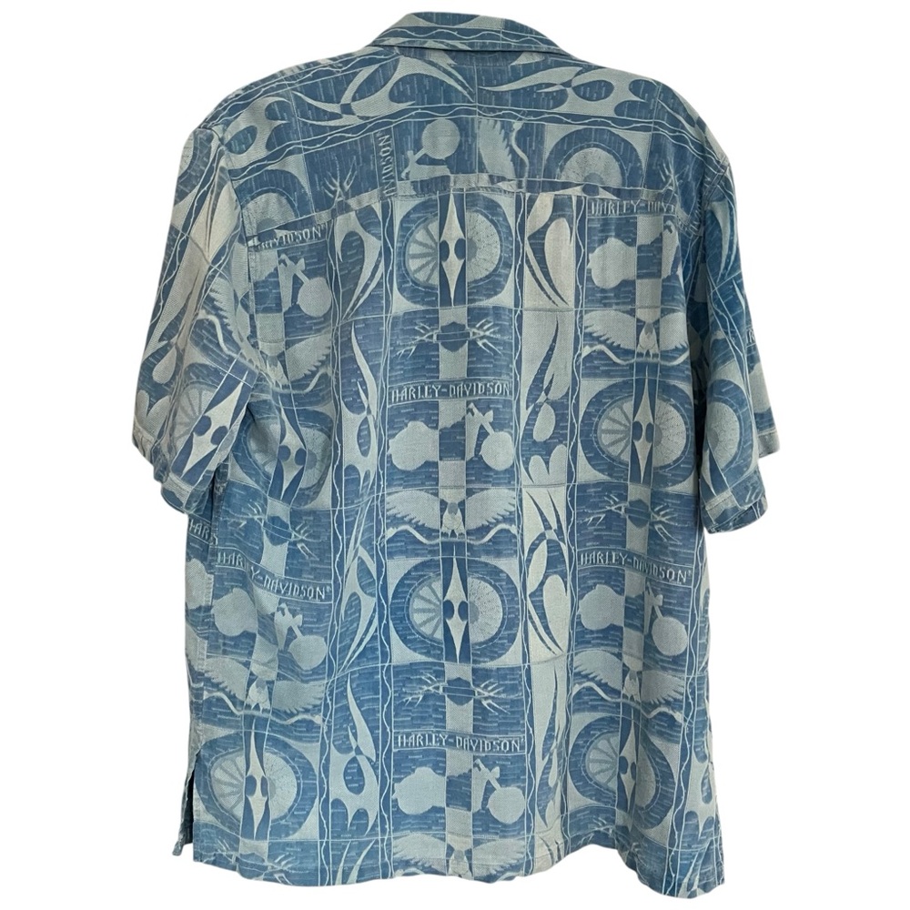 Harley Davidson Silk Baby Blue Pattern Button Down Short Sleeve Shirt - Picture 2 of 5